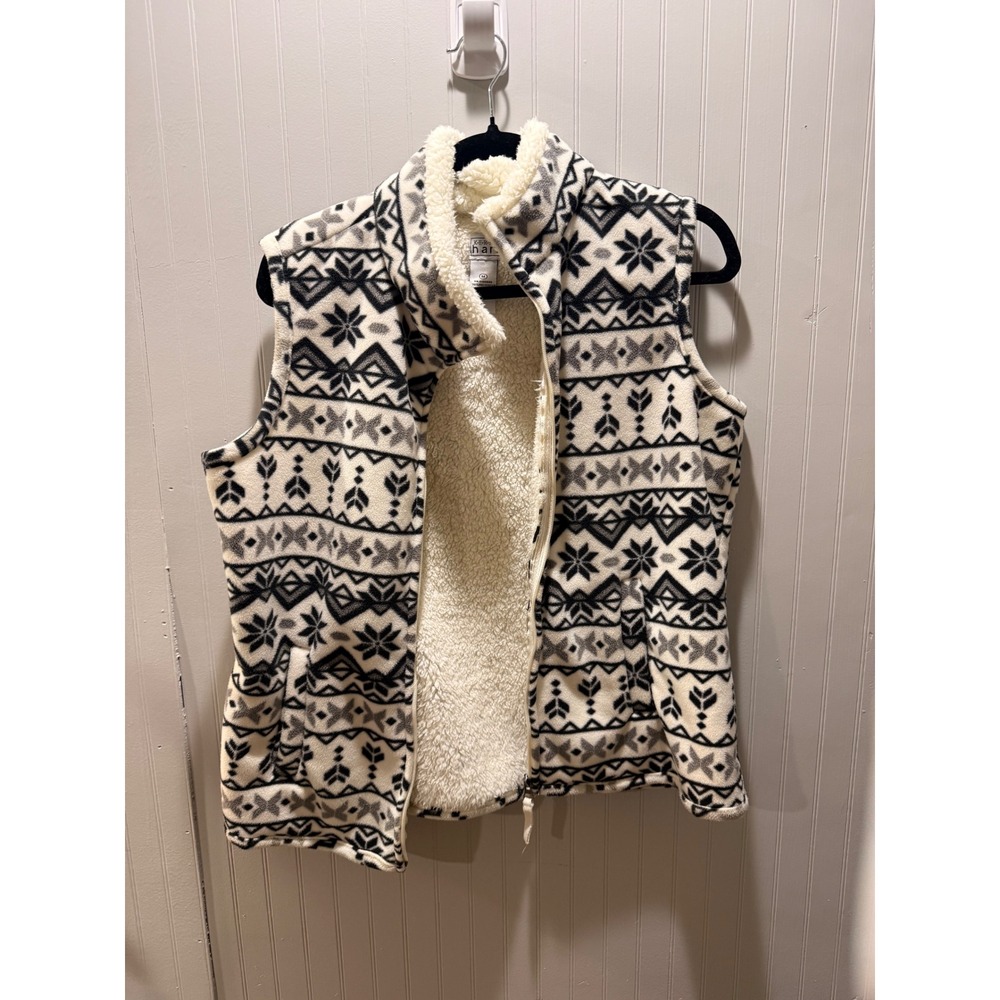 Keren Hart Womens Fleece Vest Black White Geometric Snowflake Fair Isle Medium